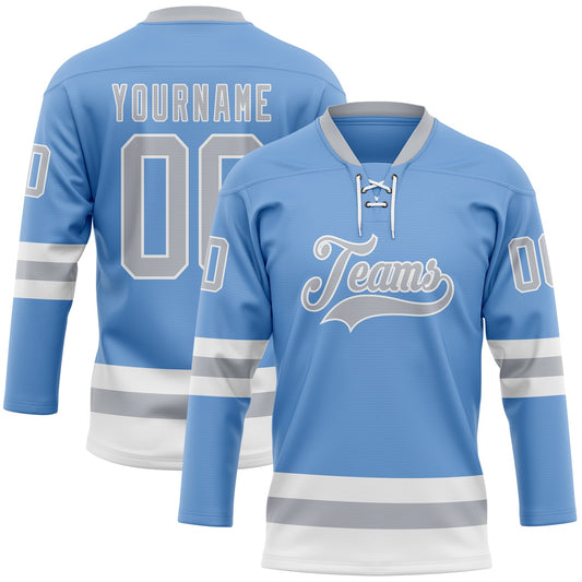 Custom Light Blue Gray-White Hockey Lace Neck Jersey - Sky-Custom