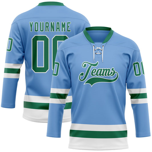 Custom Light Blue Kelly Green-White Hockey Lace Neck Jersey - Sky-Custom