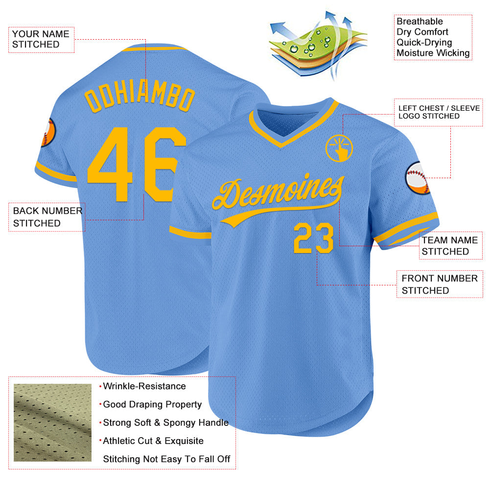 Custom Light Blue Gold Authentic Throwback Baseball Jersey - Sky-Custom