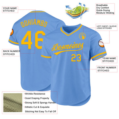 Custom Light Blue Gold Authentic Throwback Baseball Jersey - Sky-Custom
