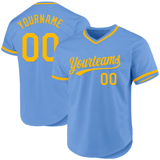 Custom Light Blue Gold Authentic Throwback Baseball Jersey - Sky-Custom