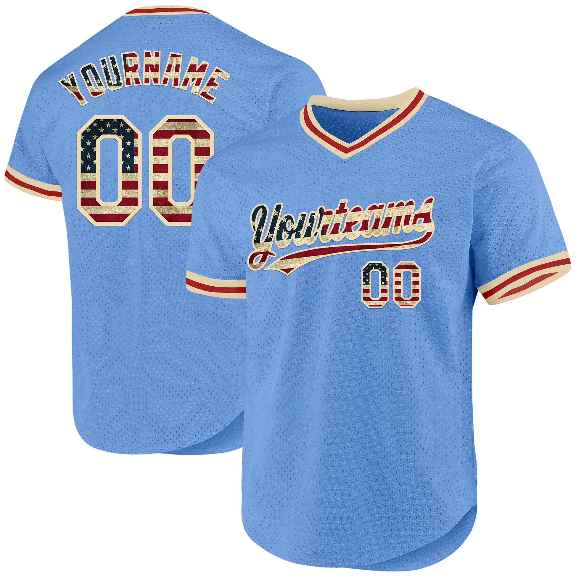 Custom Light Blue Vintage USA Flag Cream-Red Authentic Throwback Baseball Jersey - Sky-Custom