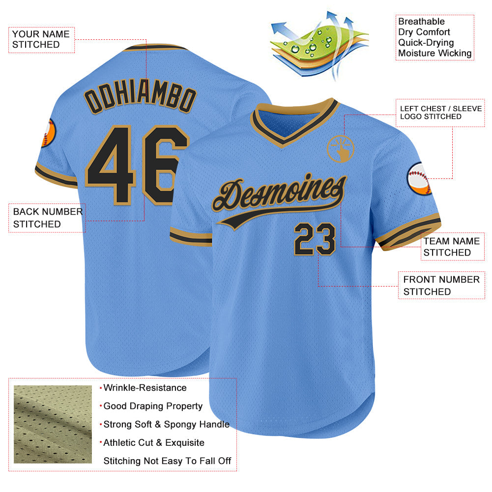 Custom Light Blue Black-Old Gold Authentic Throwback Baseball Jersey - Sky-Custom