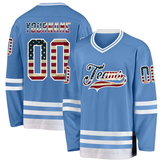 Custom Light Blue Vintage USA Flag-White Hockey Jersey - Sky-Custom
