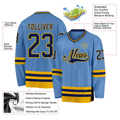 Custom Light Blue Navy-Gold Hockey Jersey - Sky-Custom