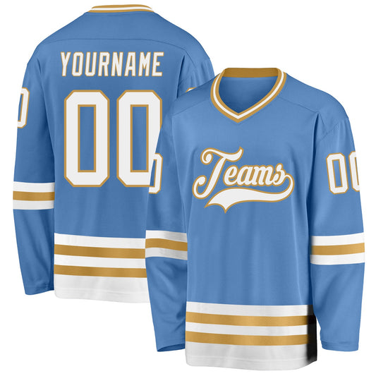 Custom Light Blue White-Old Gold Hockey Jersey - Sky-Custom