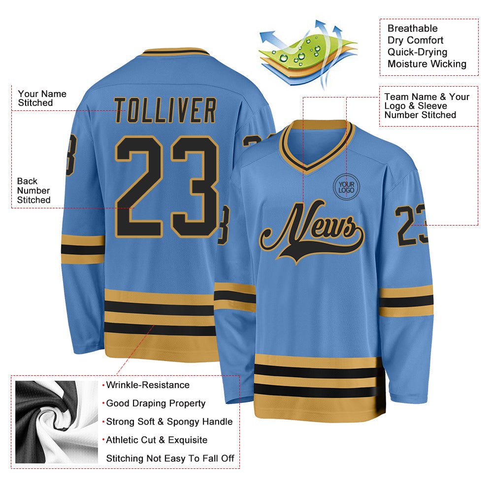 Custom Light Blue Black-Old Gold Hockey Jersey - Sky-Custom