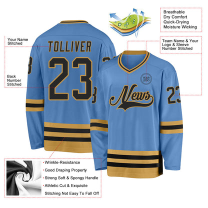 Custom Light Blue Black-Old Gold Hockey Jersey - Sky-Custom