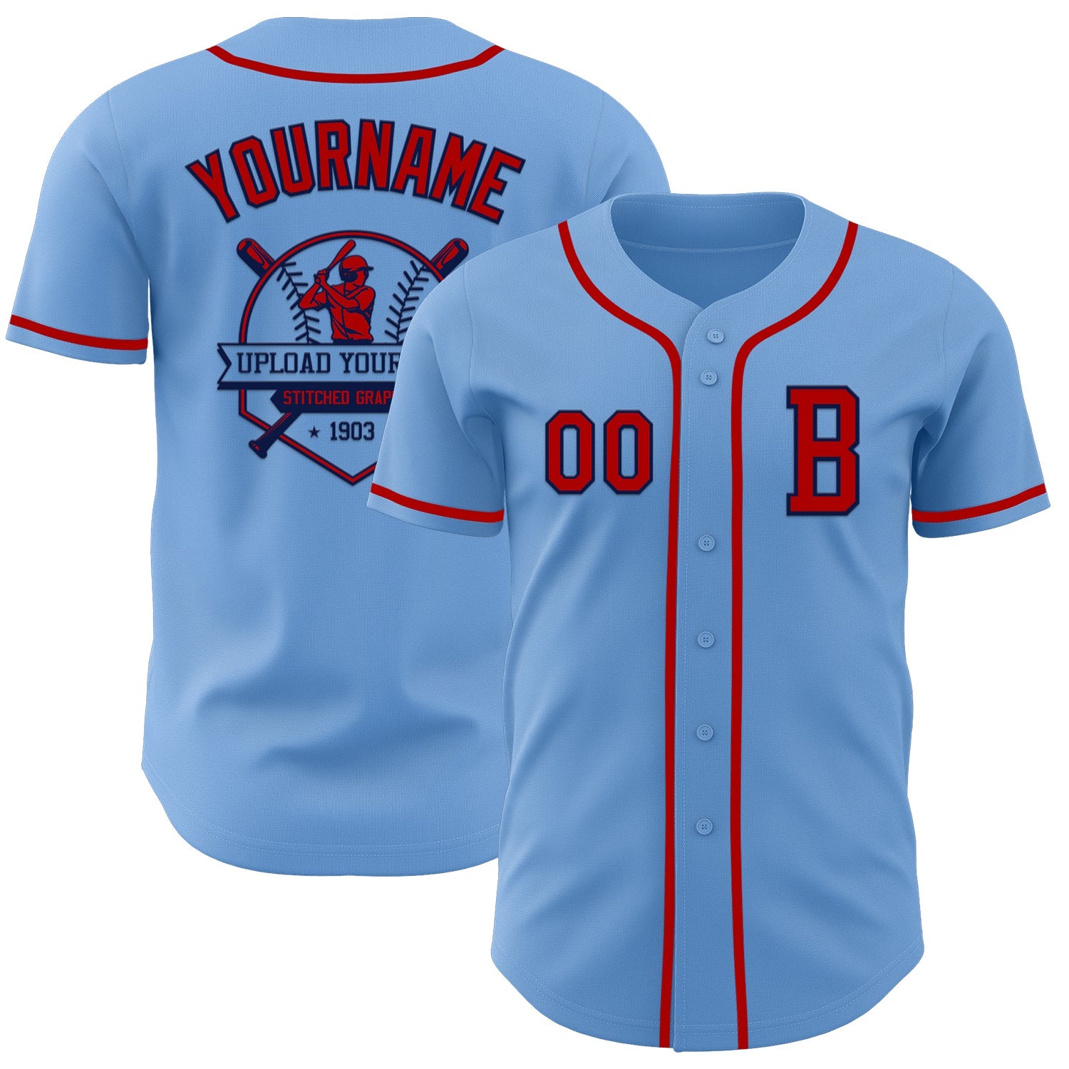 Custom Light Blue Red-Navy Authentic Baseball Jersey - Sky-Custom