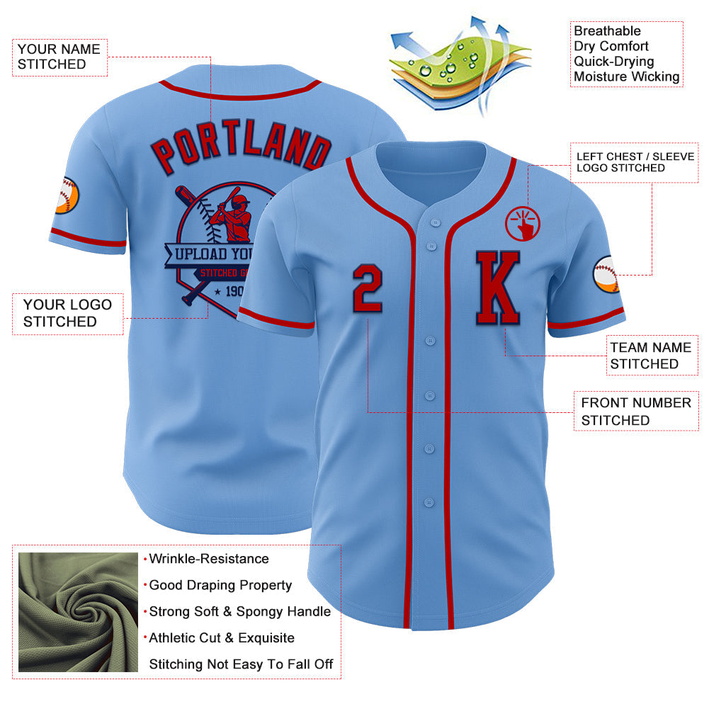 Custom Light Blue Red-Navy Authentic Baseball Jersey - Sky-Custom