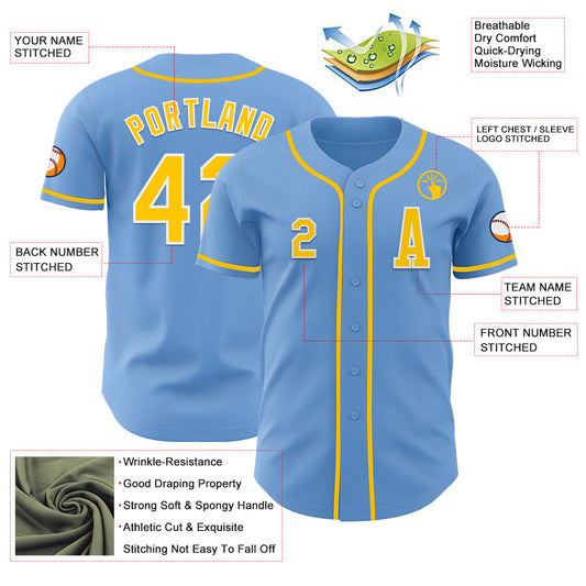 Custom Light Blue Yellow-White Authentic Baseball Jersey - Sky-Custom