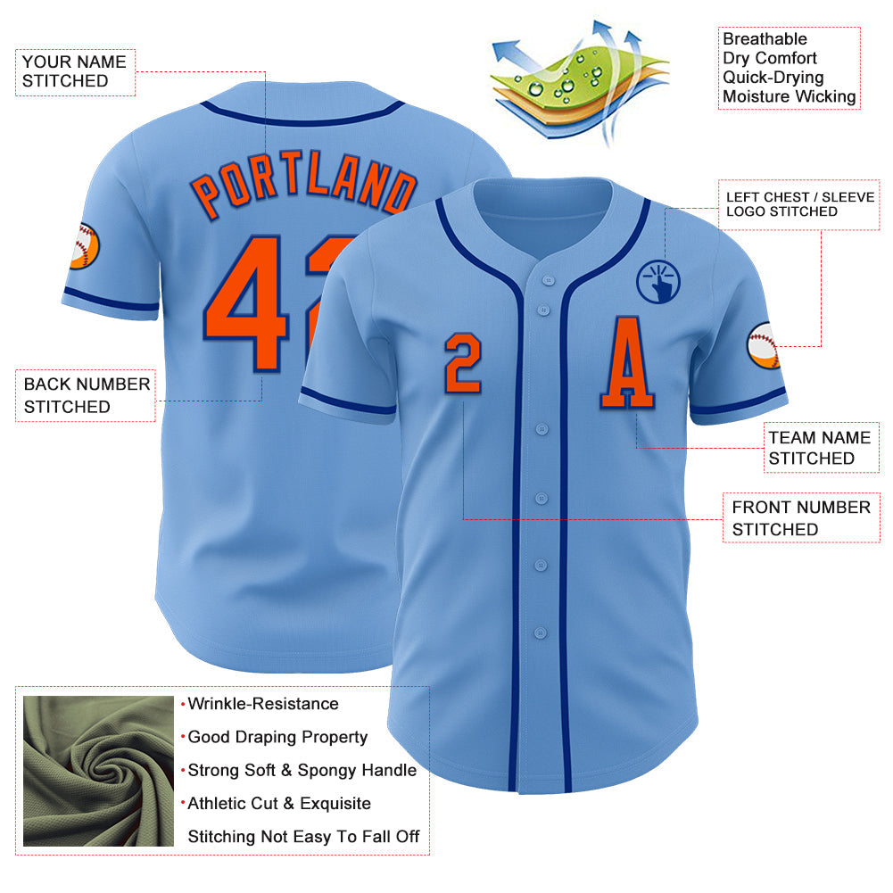 Custom Light Blue Orange-Royal Authentic Baseball Jersey - Sky-Custom