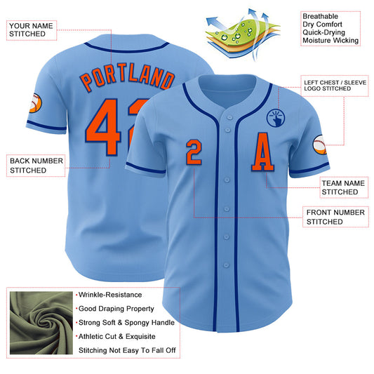 Custom Light Blue Orange-Royal Authentic Baseball Jersey - Sky-Custom