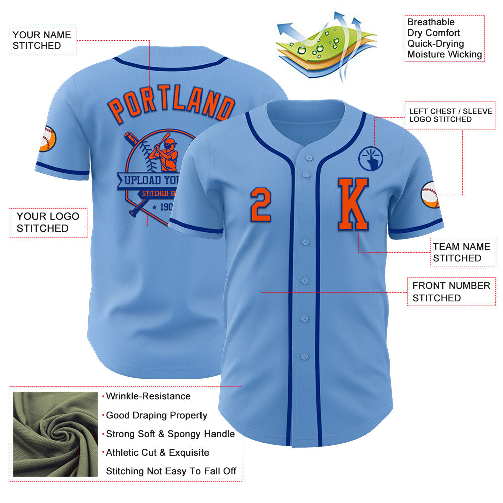 Custom Light Blue Orange-Royal Authentic Baseball Jersey - Sky-Custom