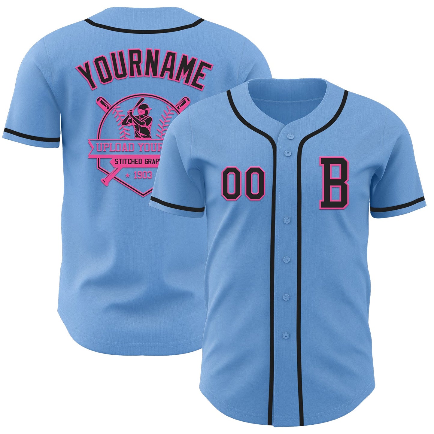 Custom Light Blue Black-Pink Authentic Baseball Jersey - Sky-Custom