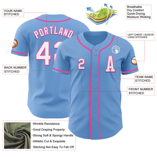 Custom Light Blue White-Pink Authentic Baseball Jersey - Sky-Custom