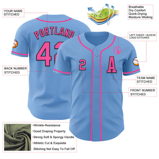 Custom Light Blue Pink-Black Authentic Baseball Jersey - Sky-Custom
