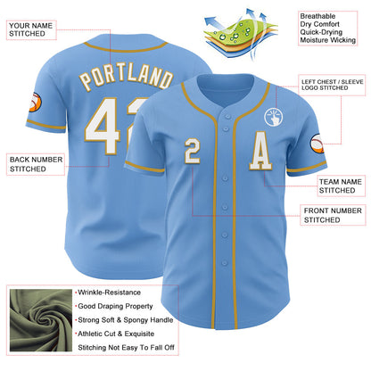Custom Light Blue White-Old Gold Authentic Baseball Jersey - Sky-Custom