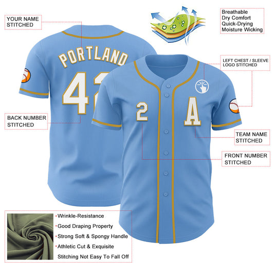 Custom Light Blue White-Old Gold Authentic Baseball Jersey - Sky-Custom