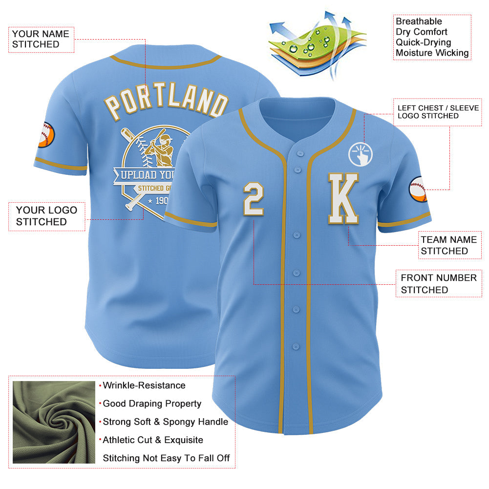 Custom Light Blue White-Old Gold Authentic Baseball Jersey - Sky-Custom