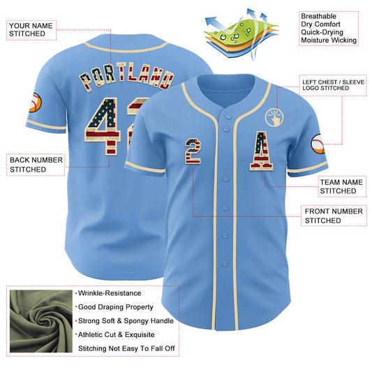 Custom Light Blue Vintage USA Flag-Cream Authentic Baseball Jersey - Sky-Custom