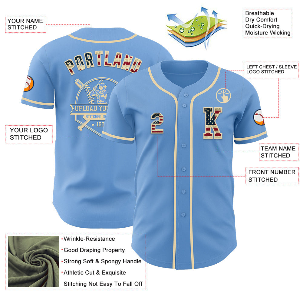 Custom Light Blue Vintage USA Flag-Cream Authentic Baseball Jersey - Sky-Custom