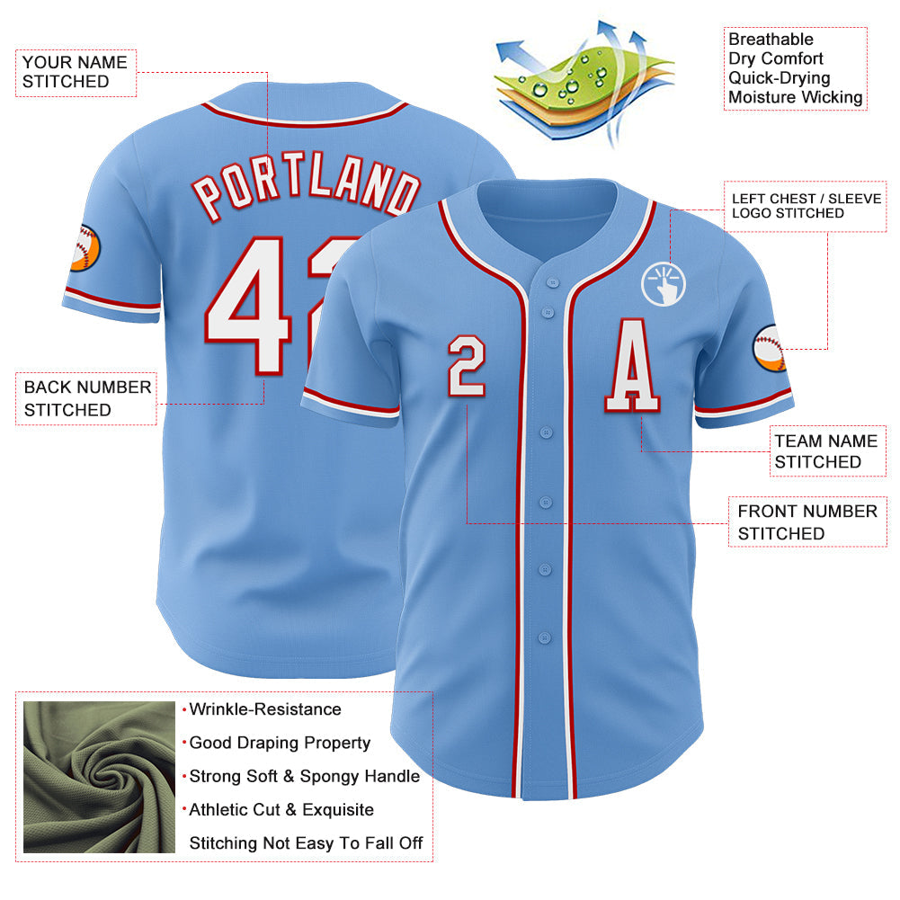 Custom Light Blue White-Red Authentic Baseball Jersey - Sky-Custom