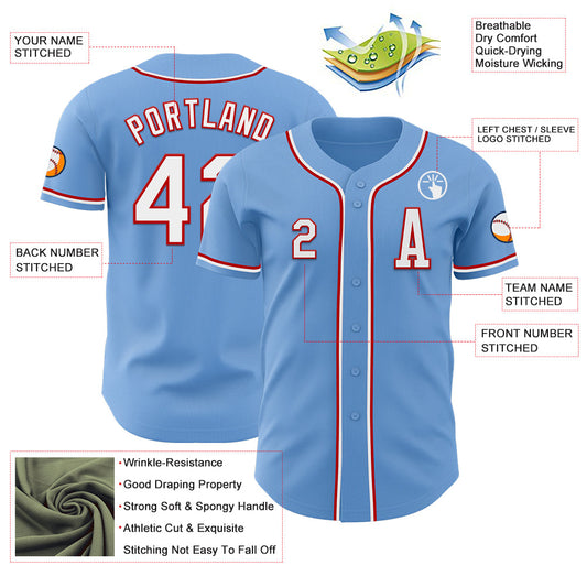 Custom Light Blue White-Red Authentic Baseball Jersey - Sky-Custom