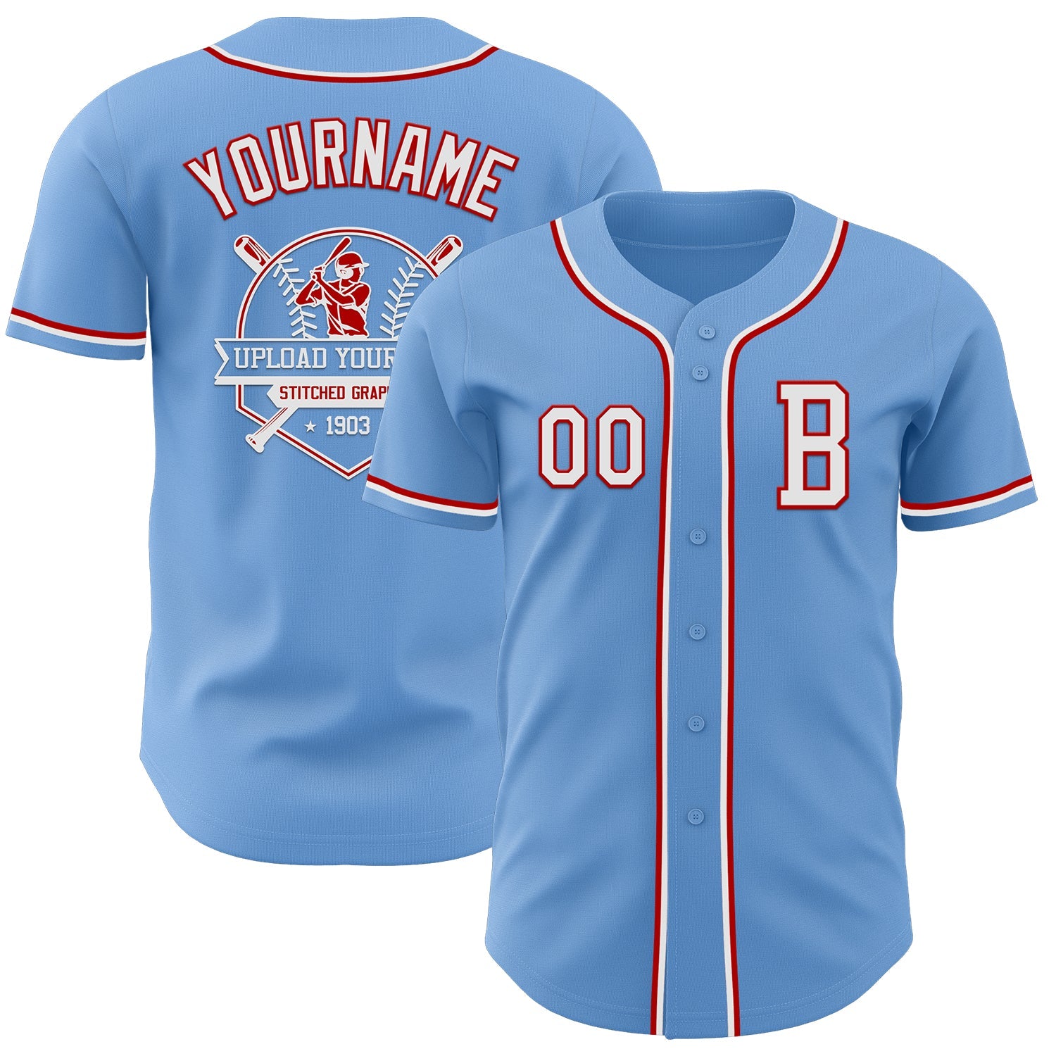 Custom Light Blue White-Red Authentic Baseball Jersey - Sky-Custom