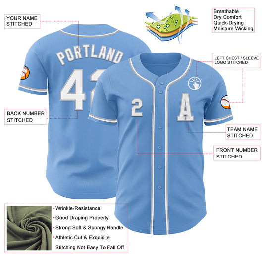 Custom Light Blue White-Gray Authentic Baseball Jersey - Sky-Custom