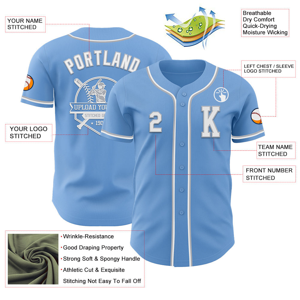 Custom Light Blue White-Gray Authentic Baseball Jersey - Sky-Custom