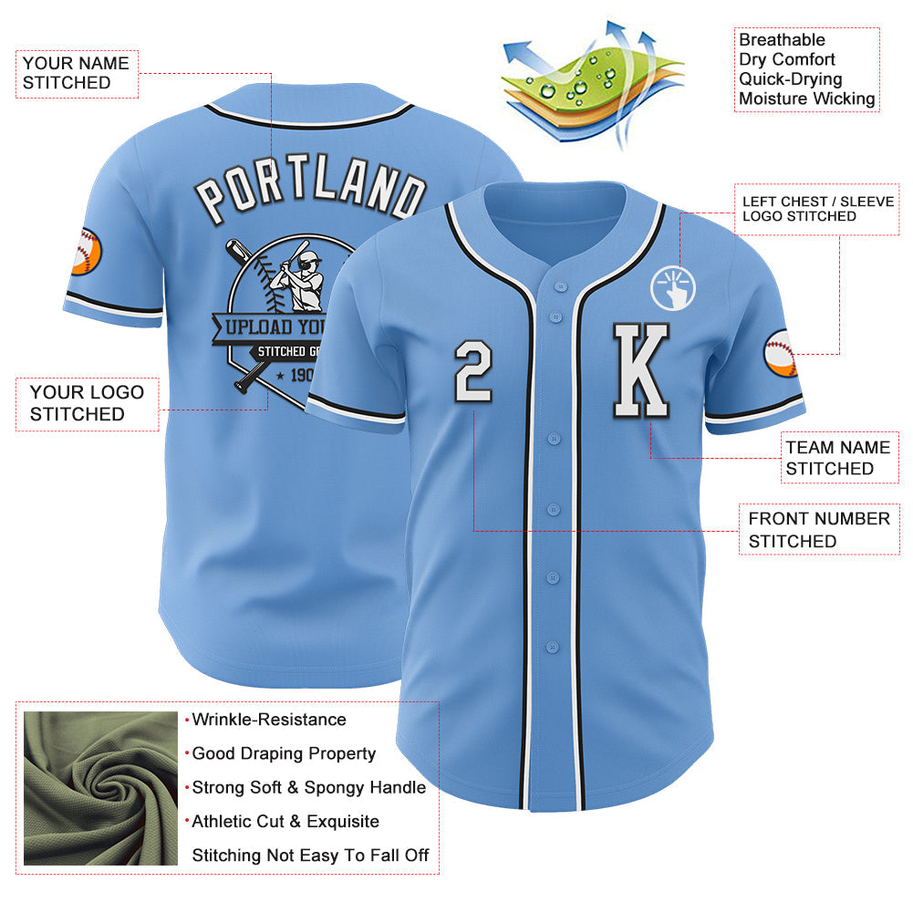 Custom Light Blue White-Black Authentic Baseball Jersey - Sky-Custom