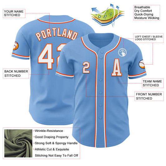 Custom Light Blue White-Orange Authentic Baseball Jersey - Sky-Custom