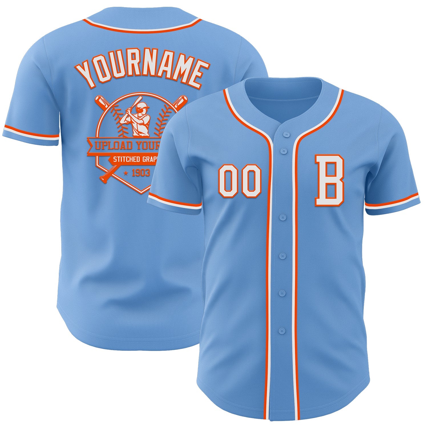 Custom Light Blue White-Orange Authentic Baseball Jersey - Sky-Custom