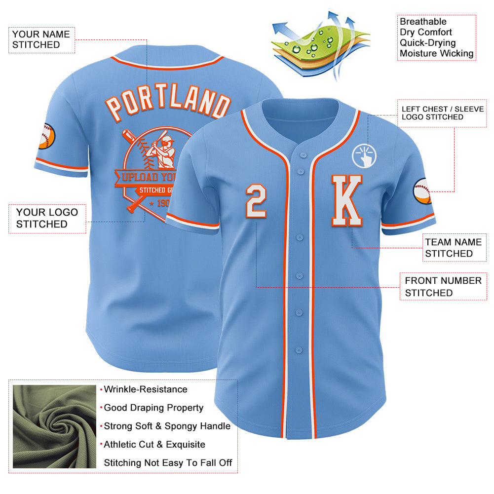 Custom Light Blue White-Orange Authentic Baseball Jersey - Sky-Custom