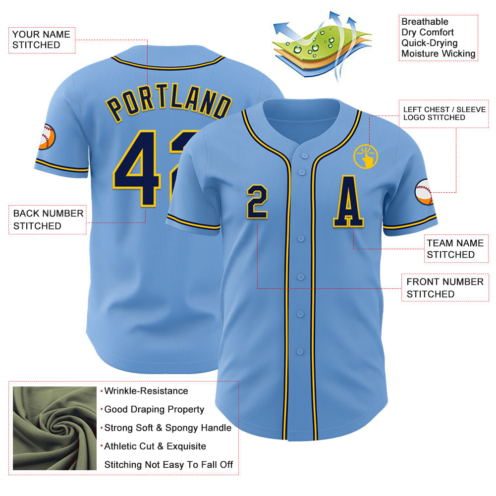 Custom Light Blue Navy-Yellow Authentic Baseball Jersey - Sky-Custom