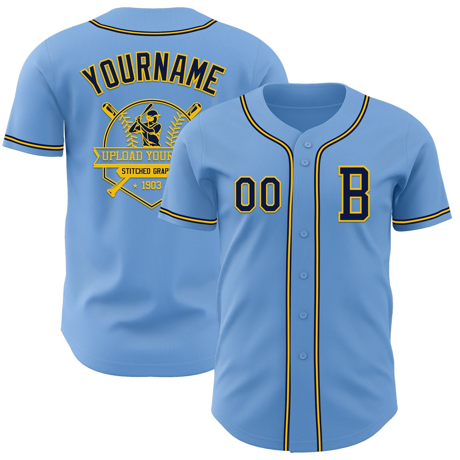Custom Light Blue Navy-Yellow Authentic Baseball Jersey - Sky-Custom