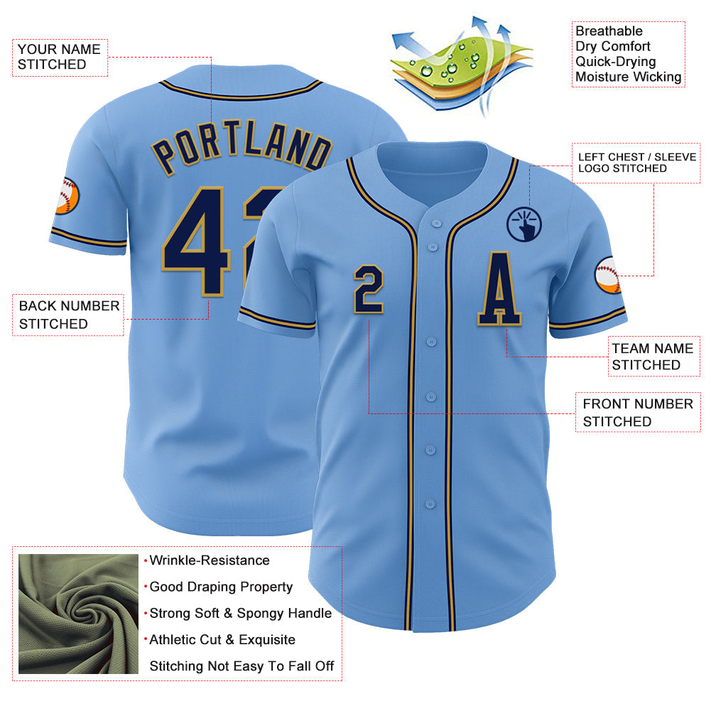 Custom Light Blue Navy-Old Gold Authentic Baseball Jersey - Sky-Custom