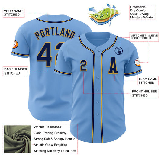 Custom Light Blue Navy-Old Gold Authentic Baseball Jersey - Sky-Custom