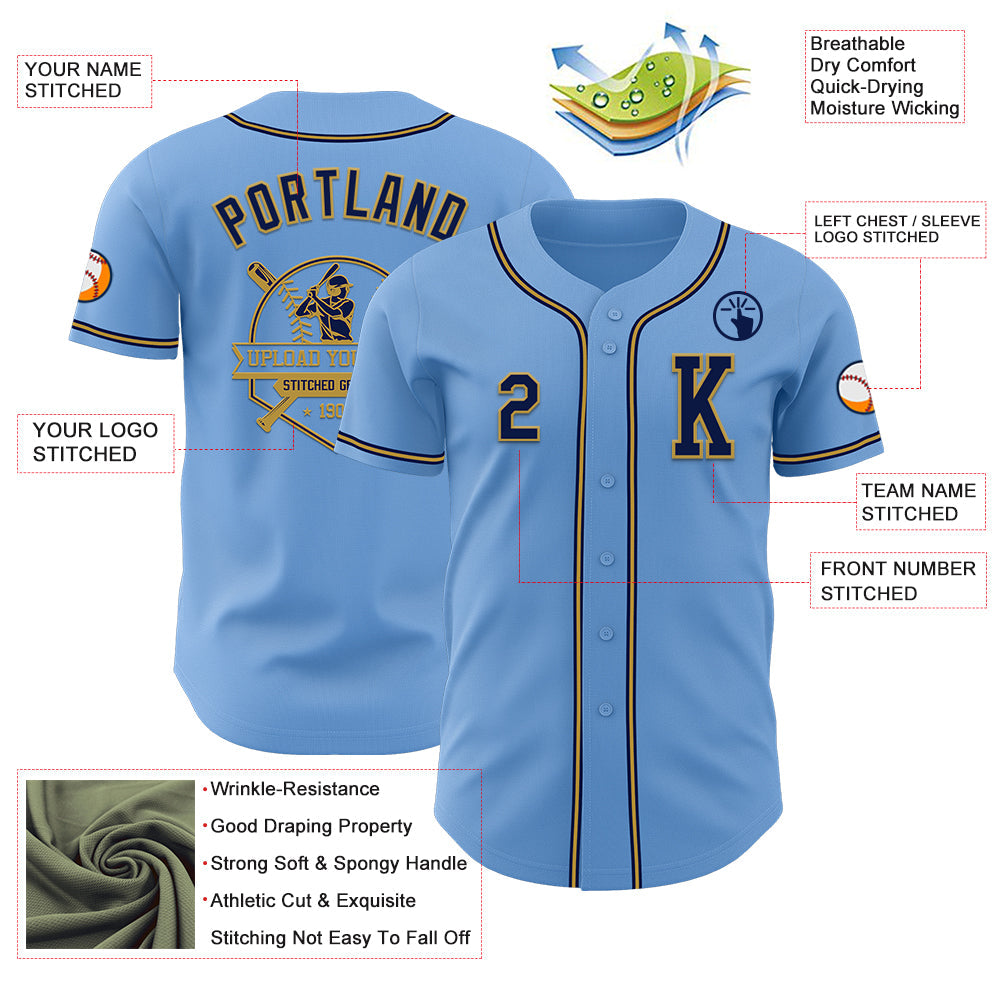 Custom Light Blue Navy-Old Gold Authentic Baseball Jersey - Sky-Custom