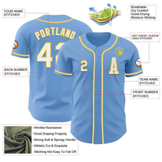 Custom Light Blue White-Yellow Authentic Baseball Jersey - Sky-Custom