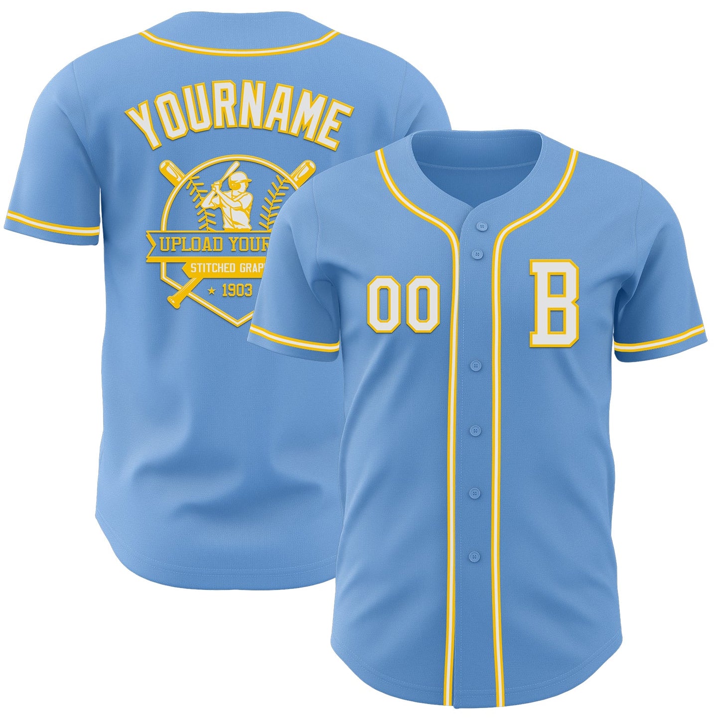 Custom Light Blue White-Yellow Authentic Baseball Jersey - Sky-Custom