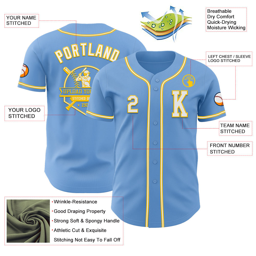 Custom Light Blue White-Yellow Authentic Baseball Jersey - Sky-Custom