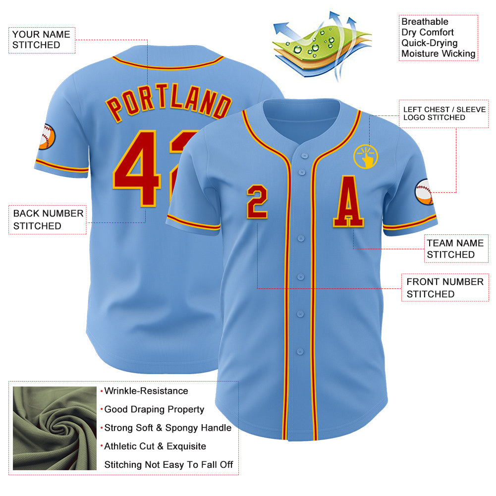 Custom Light Blue Red-Gold Authentic Baseball Jersey - Sky-Custom