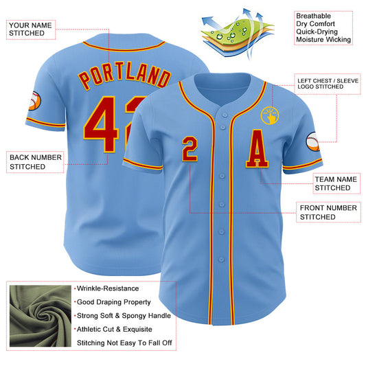 Custom Light Blue Red-Gold Authentic Baseball Jersey - Sky-Custom