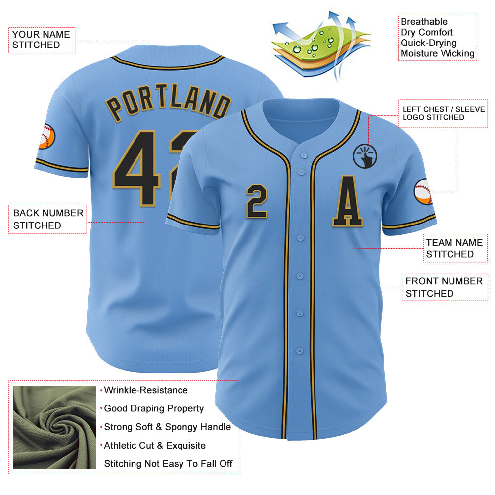 Custom Light Blue Black-Old Gold Authentic Baseball Jersey - Sky-Custom