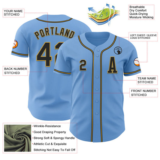 Custom Light Blue Black-Old Gold Authentic Baseball Jersey - Sky-Custom