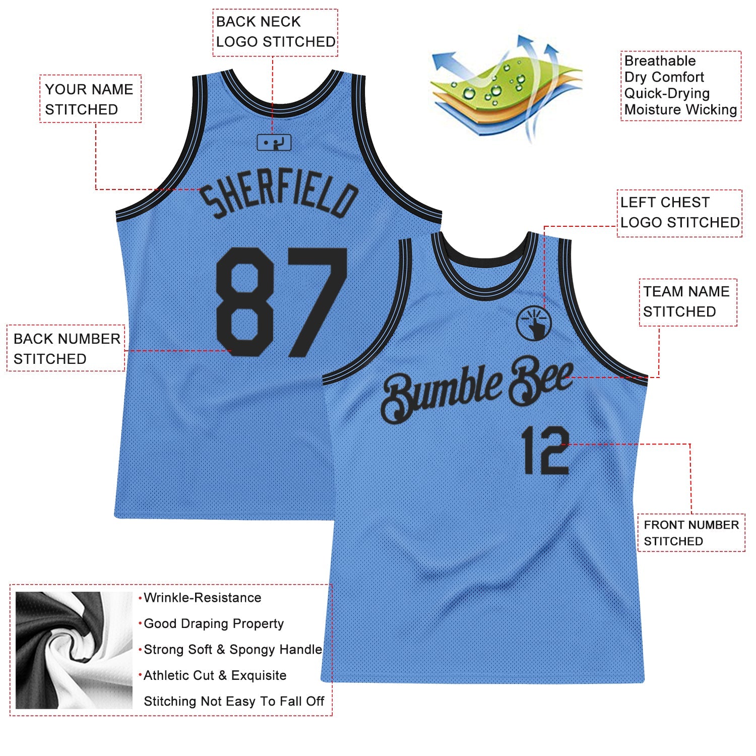 Custom Light Blue Black Authentic Throwback Basketball Jersey - Sky-Custom