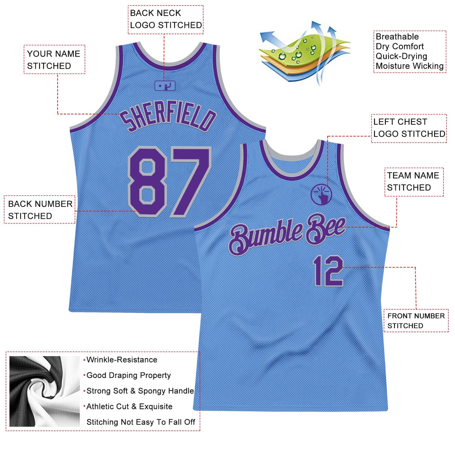 Custom Light Blue Purple-Gray Authentic Throwback Basketball Jersey - Sky-Custom