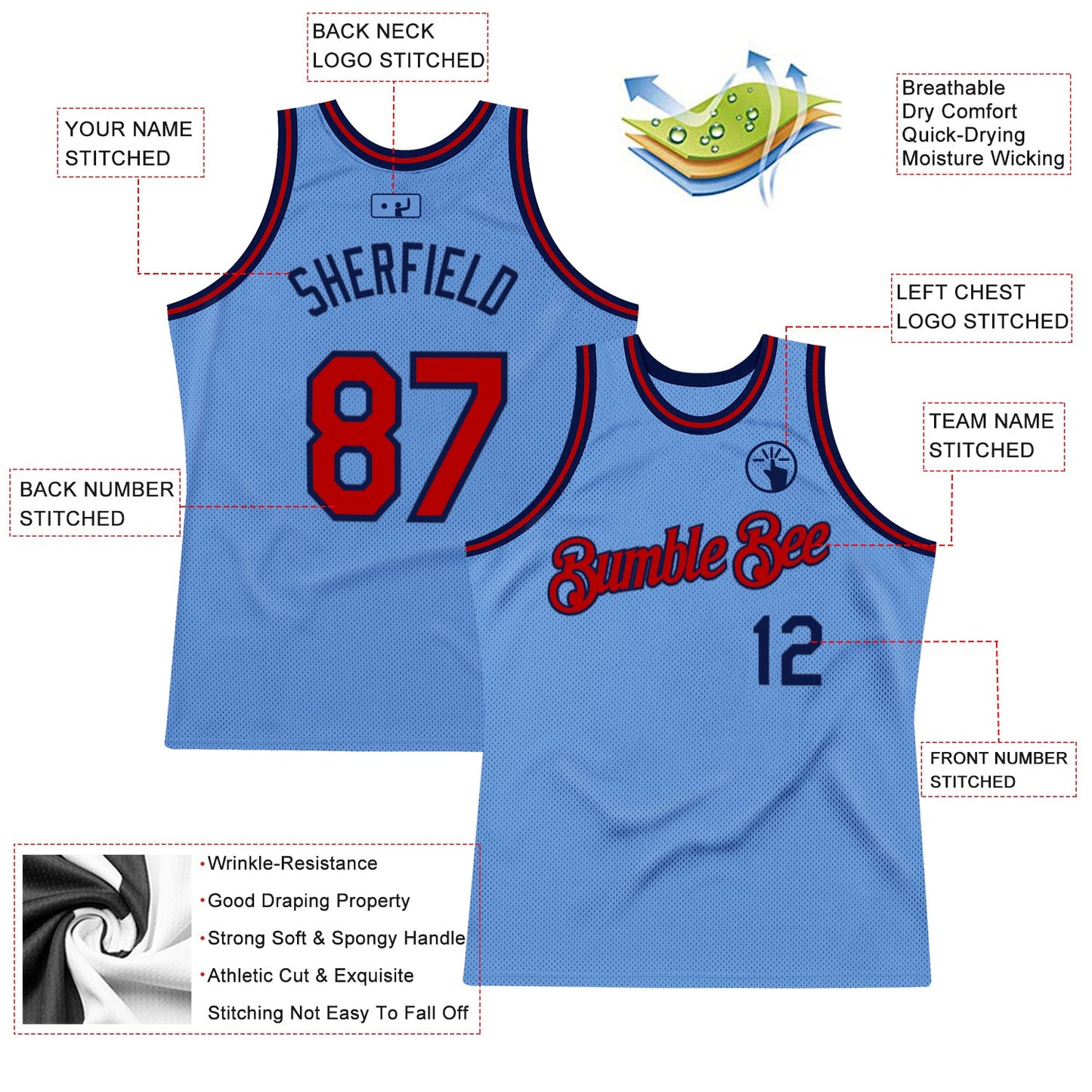 Custom Light Blue Red-Navy Authentic Throwback Basketball Jersey - Sky-Custom